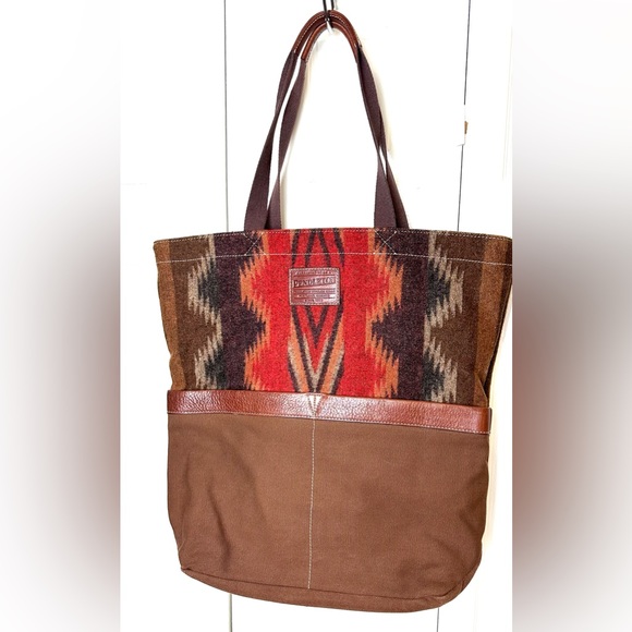 Pendleton Handbags - Vtg PENDLETON Large Southwestern Blanket Shopper Tote Bag Aztec Wool Leather Red